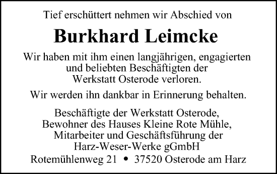 Traueranzeige von Burkhard Leimcke von Harz Kurier