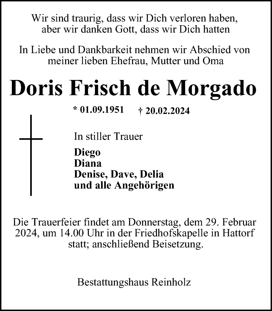  Traueranzeige für Doris Frisch de Morgado vom 27.02.2024 aus Harz Kurier
