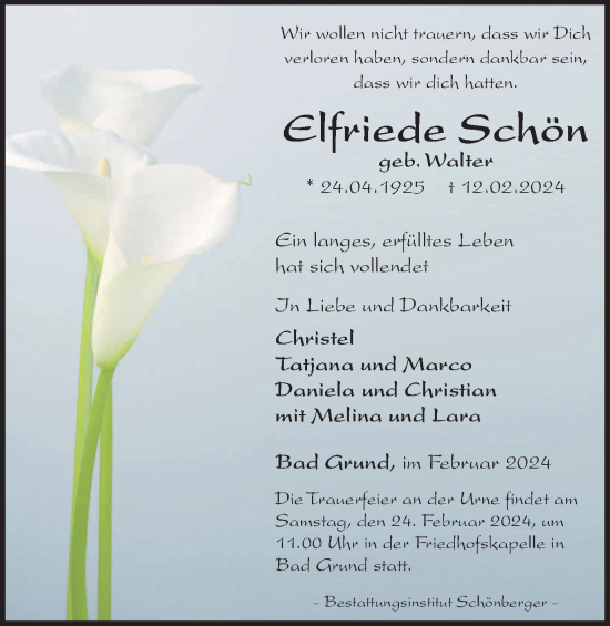 Traueranzeige von Elfriede Schön von Harz Kurier