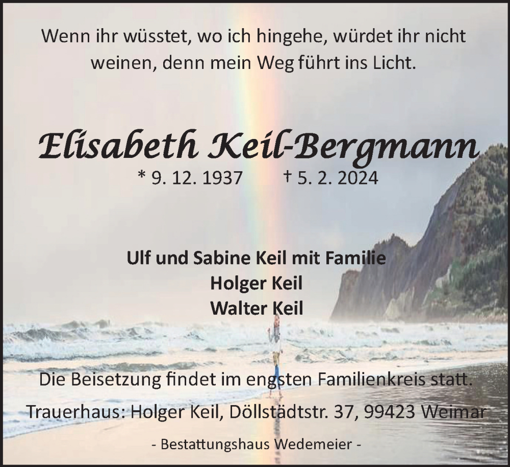  Traueranzeige für Elisabeth Keil-Bergmann vom 17.02.2024 aus Harz Kurier