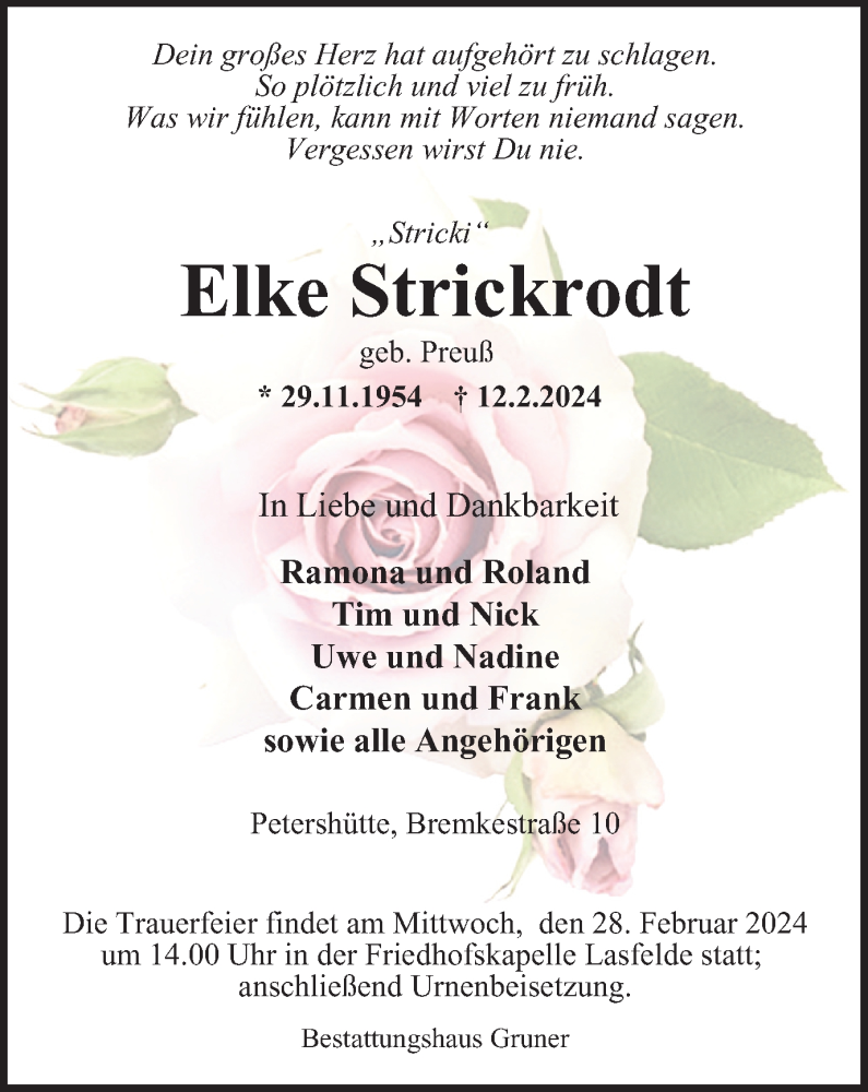  Traueranzeige für Elke Strickrodt vom 24.02.2024 aus Harz Kurier