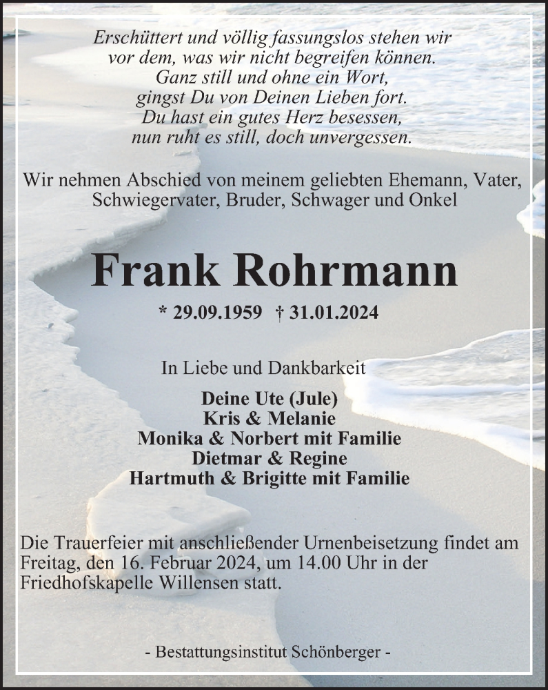  Traueranzeige für Frank Rohrmann vom 10.02.2024 aus Harz Kurier
