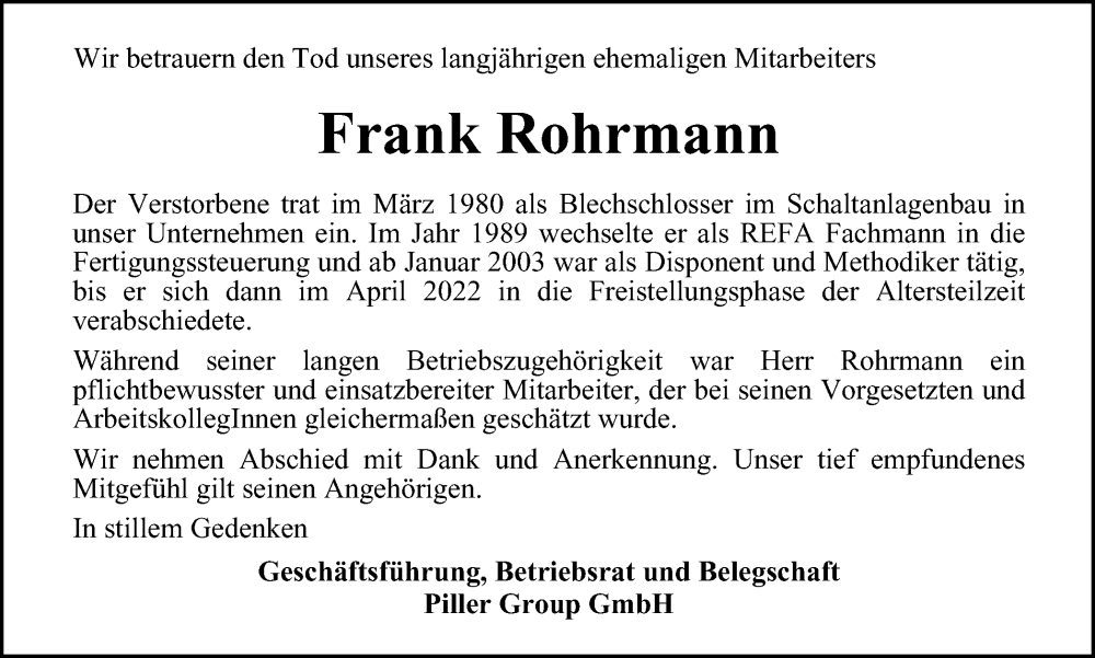  Traueranzeige für Frank Rohrmann vom 14.02.2024 aus Harz Kurier