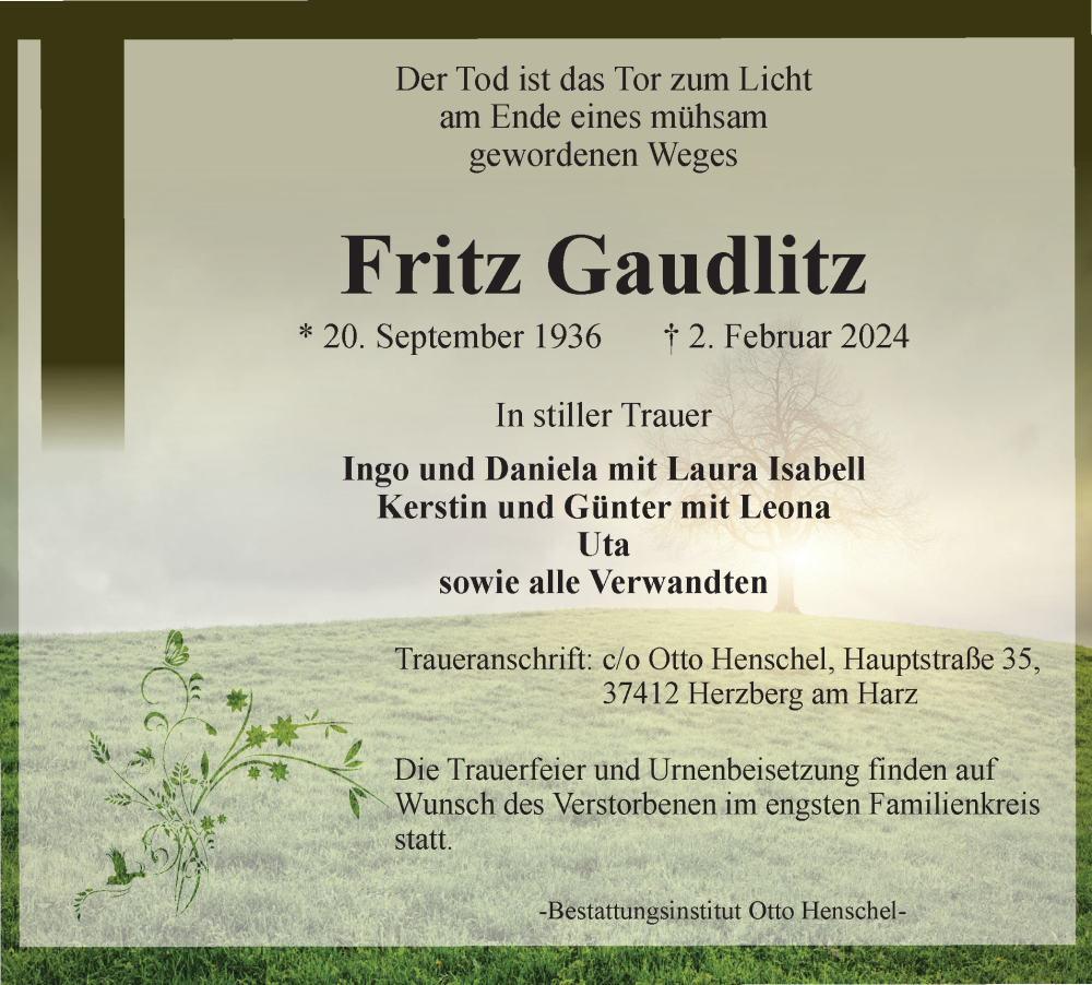  Traueranzeige für Fritz Gaudlitz vom 10.02.2024 aus Harz Kurier