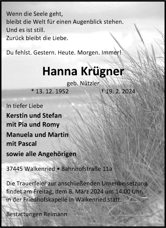 Traueranzeige von Hanna Krüger von Harz Kurier
