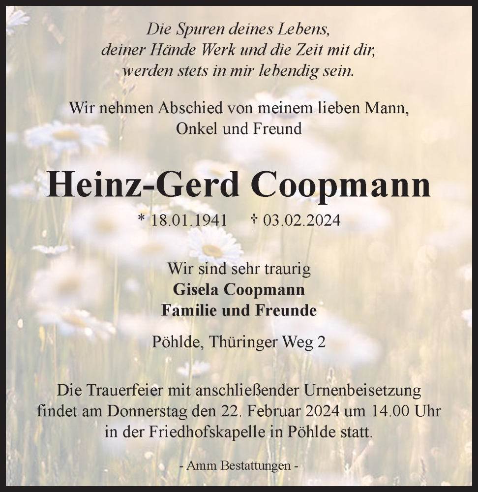  Traueranzeige für Heinz-Gerd Coopmann vom 10.02.2024 aus Harz Kurier