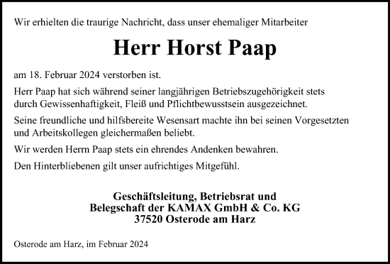 Traueranzeige von Horst Paap von Harz Kurier