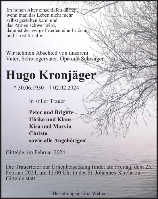 Traueranzeige von Hugo Kronjäger von Harz Kurier