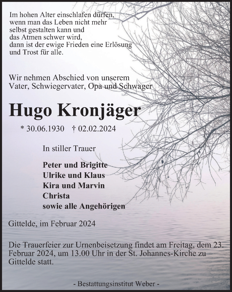  Traueranzeige für Hugo Kronjäger vom 10.02.2024 aus Harz Kurier