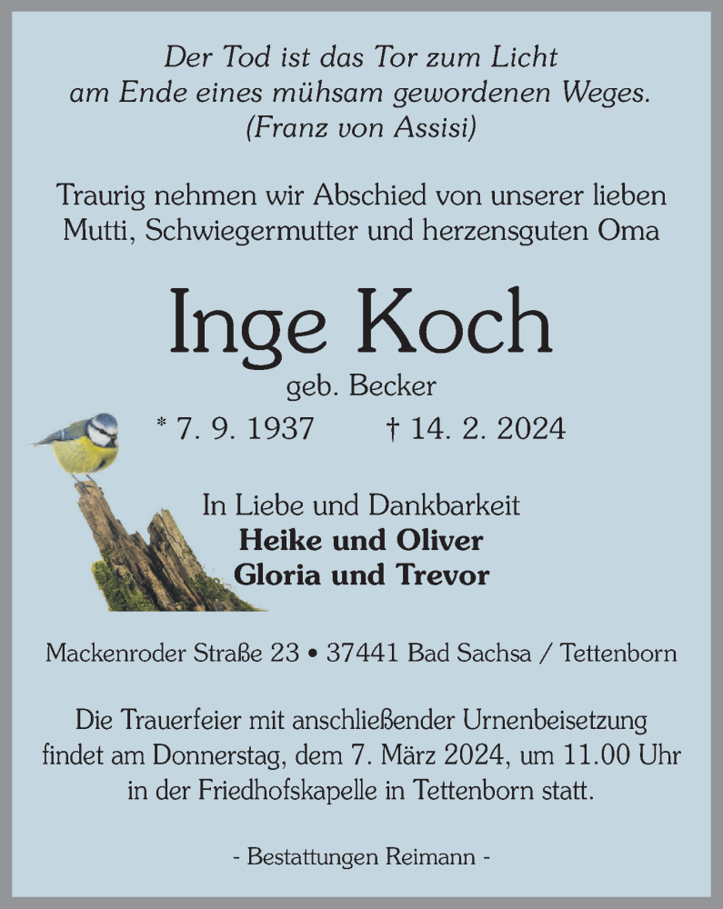  Traueranzeige für Inge Koch vom 24.02.2024 aus Harz Kurier