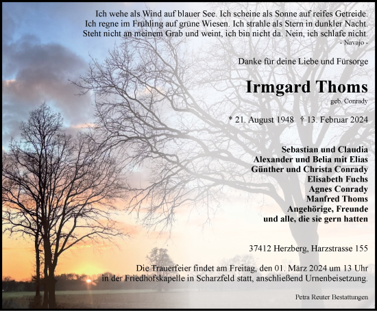 Traueranzeige von Irmgard Thoms von Harz Kurier