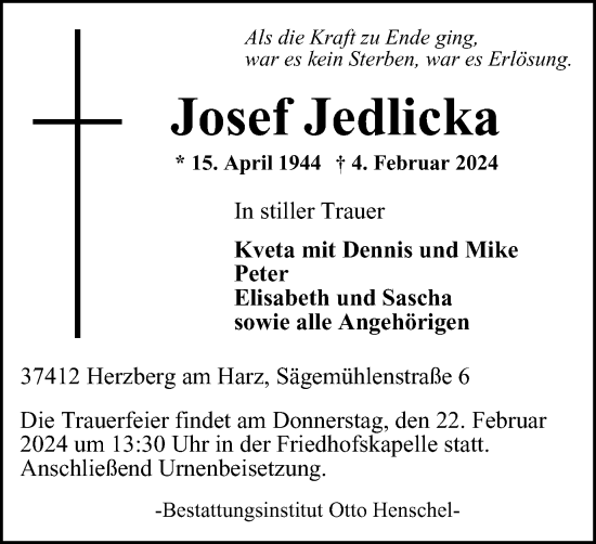 Traueranzeige von Josef Jedlicka von Harz Kurier