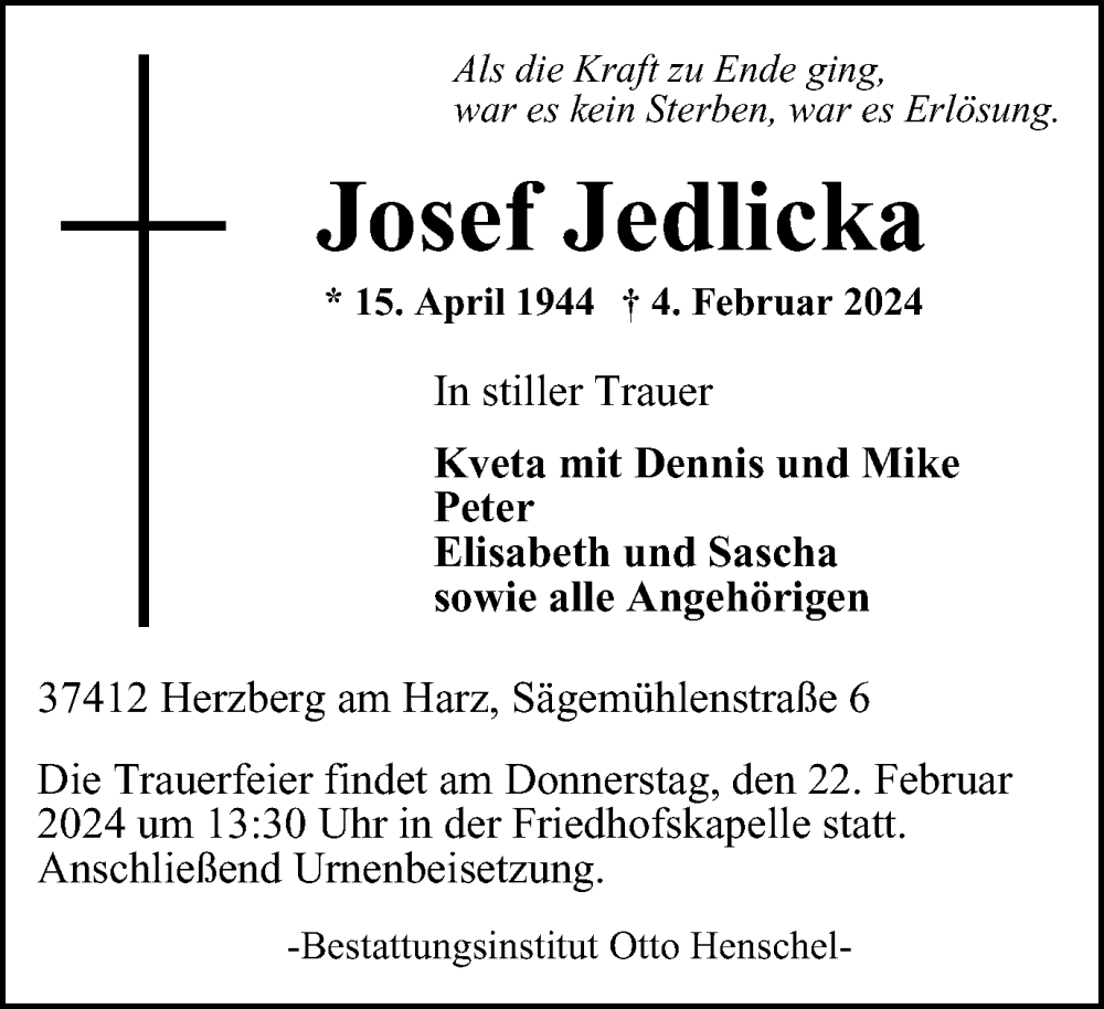  Traueranzeige für Josef Jedlicka vom 10.02.2024 aus Harz Kurier