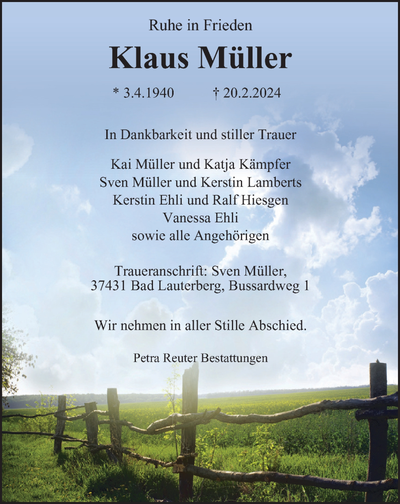  Traueranzeige für Klaus Müller vom 24.02.2024 aus Harz Kurier