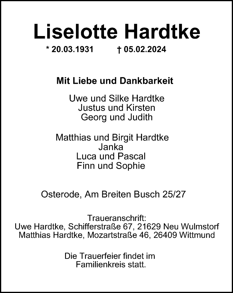  Traueranzeige für Liselotte Hardtke vom 10.02.2024 aus Harz Kurier