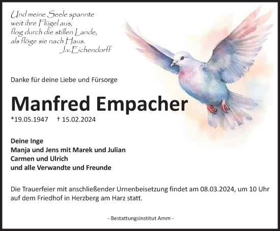 Traueranzeige von Manfred Empacher von Harz Kurier