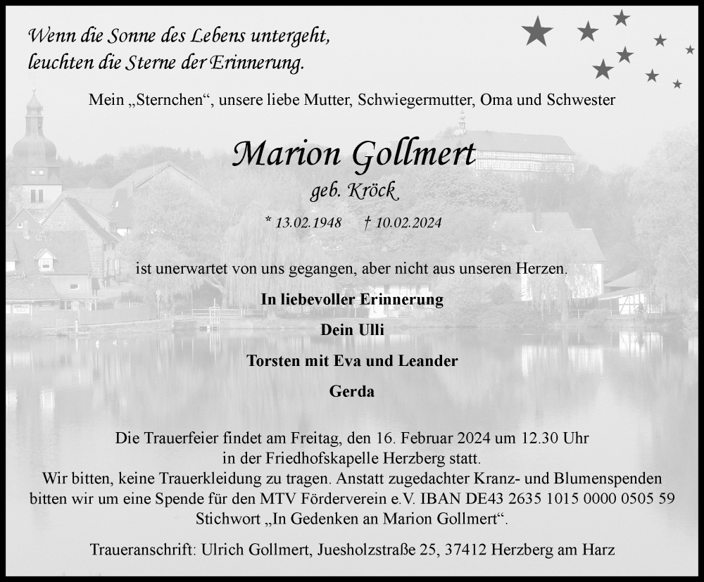  Traueranzeige für Marion Gollmert vom 14.02.2024 aus Harz Kurier