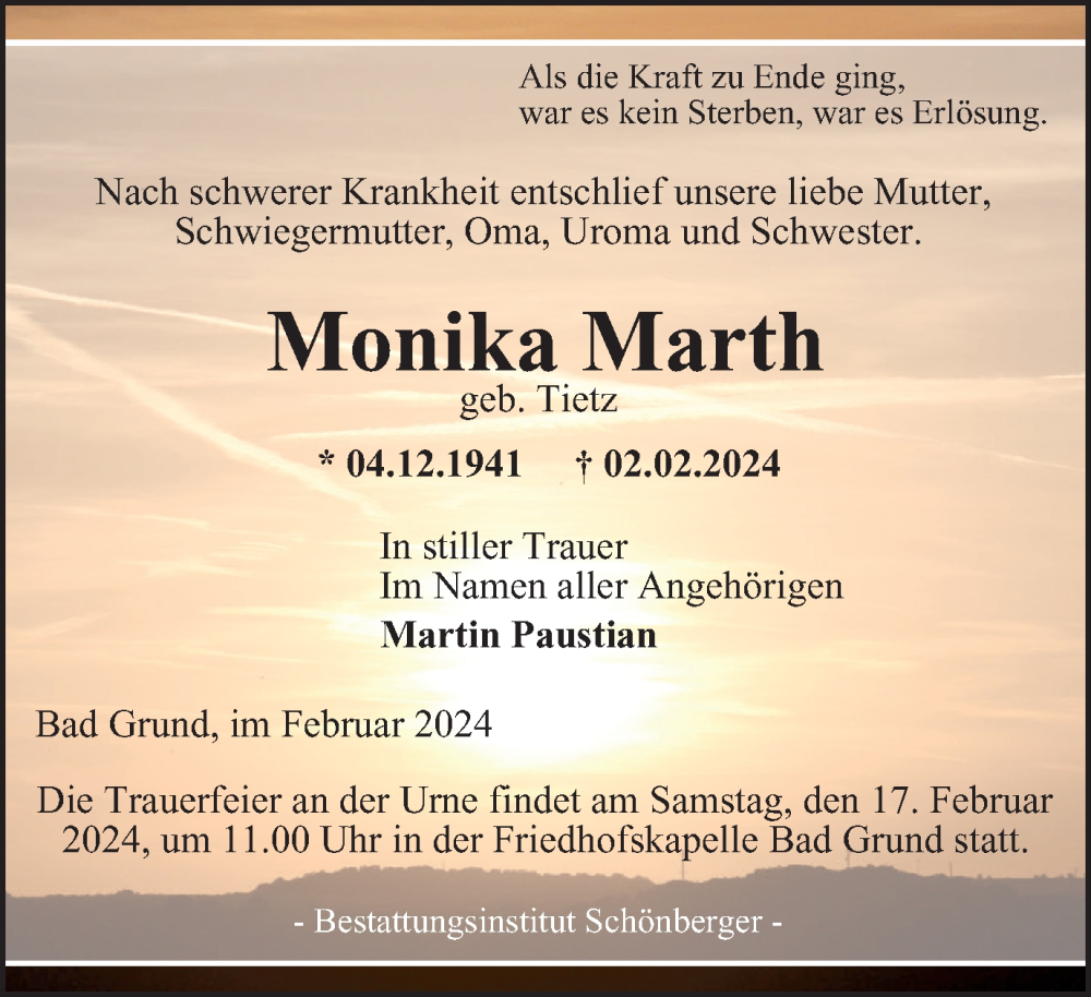  Traueranzeige für Monika Marth vom 10.02.2024 aus Harz Kurier