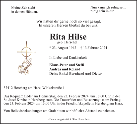 Traueranzeige von Rita Hilse von Harz Kurier