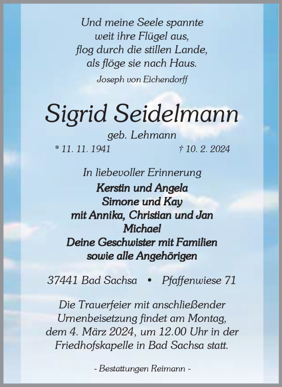 Traueranzeige von Sigrid Seidelmann von Harz Kurier