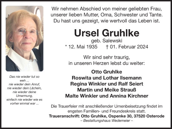 Traueranzeige von Ursel Gruhlke von Harz Kurier