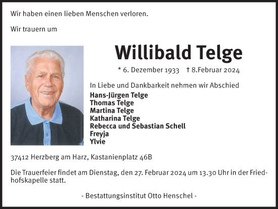 Traueranzeige von Willibald Telge von Harz Kurier