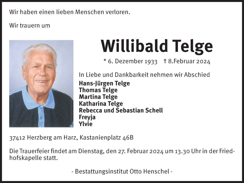 Traueranzeige für Willibald Telge vom 17.02.2024 aus Harz Kurier