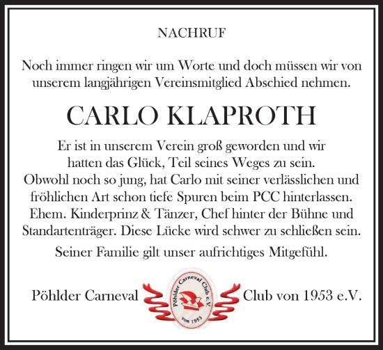 Traueranzeige von Carlo Klaproth von Harzkurier