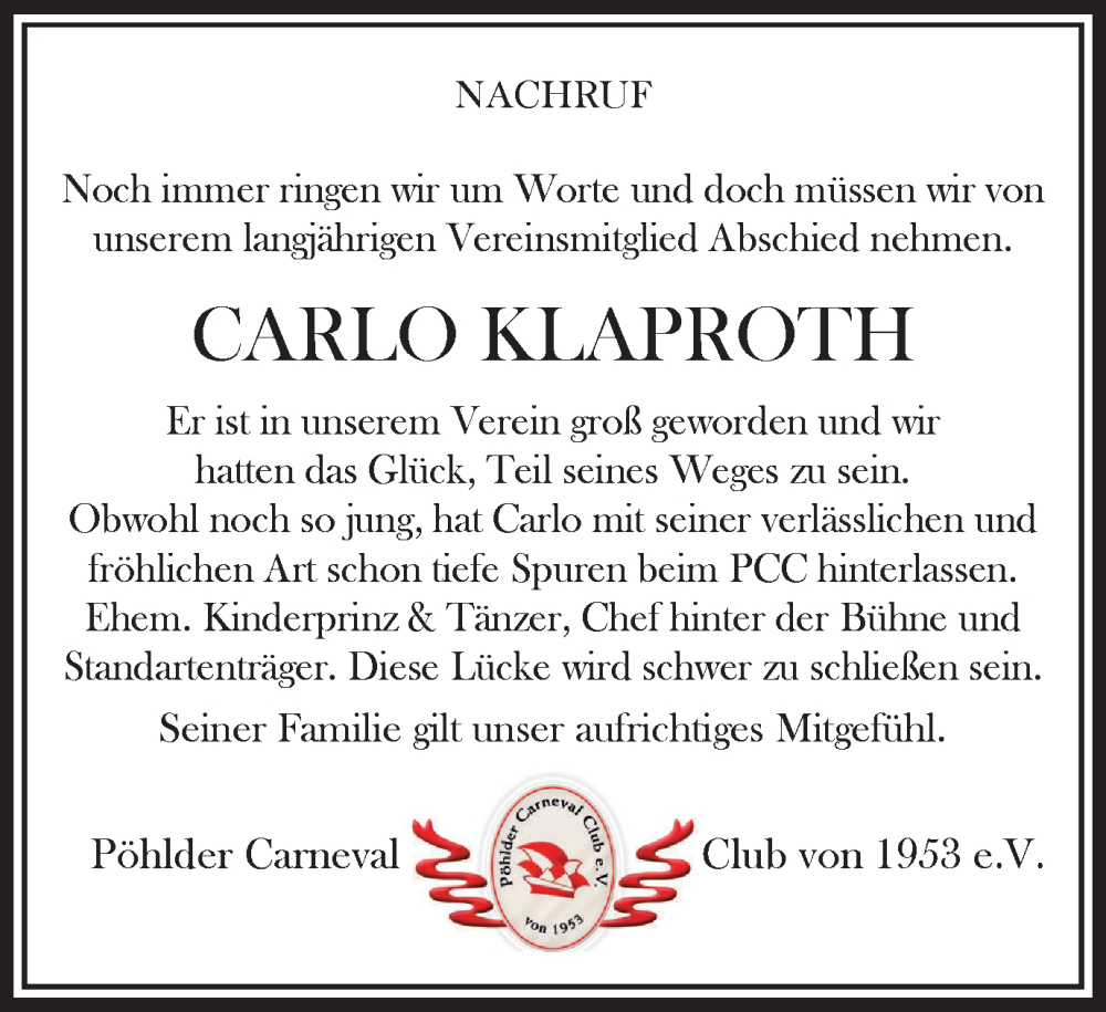  Traueranzeige für Carlo Klaproth vom 22.03.2024 aus Harzkurier