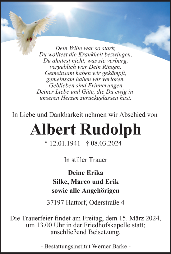 Traueranzeige von Albert Rudolph von Harz Kurier