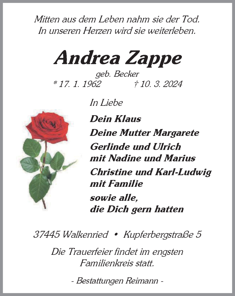  Traueranzeige für Andrea Zappe vom 16.03.2024 aus Harz Kurier