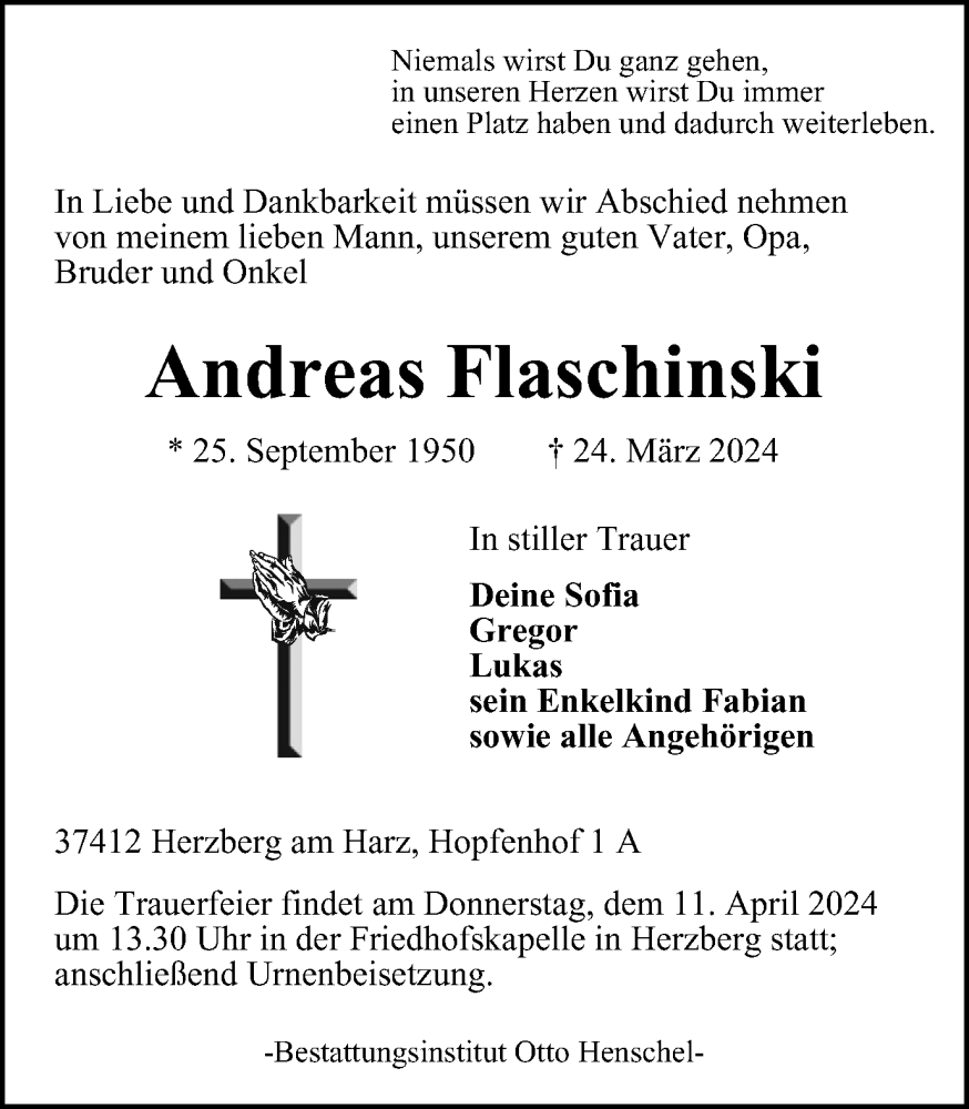  Traueranzeige für Andreas Flaschinski vom 30.03.2024 aus Harz Kurier
