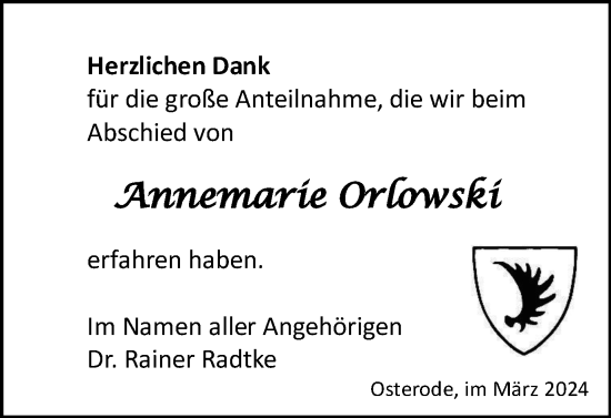 Traueranzeige von Annemarie Orlowski von Harz Kurier