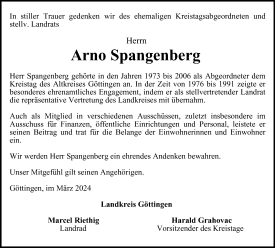 Traueranzeige von Arno Spangenberg von Harz Kurier