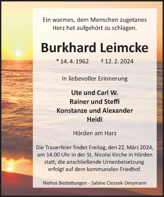 Traueranzeige von Burkhard Leimcke von Harz Kurier