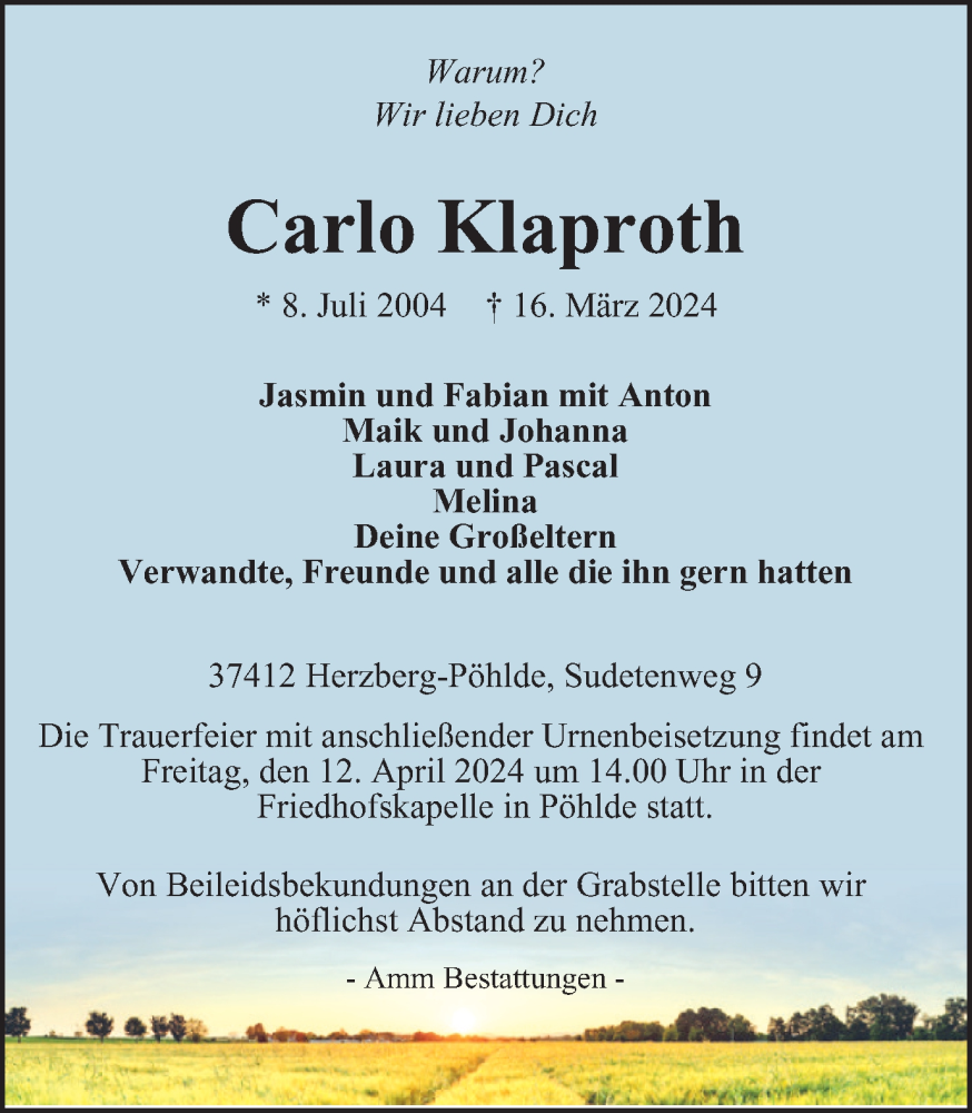  Traueranzeige für Carlo Klaproth vom 22.03.2024 aus Harz Kurier