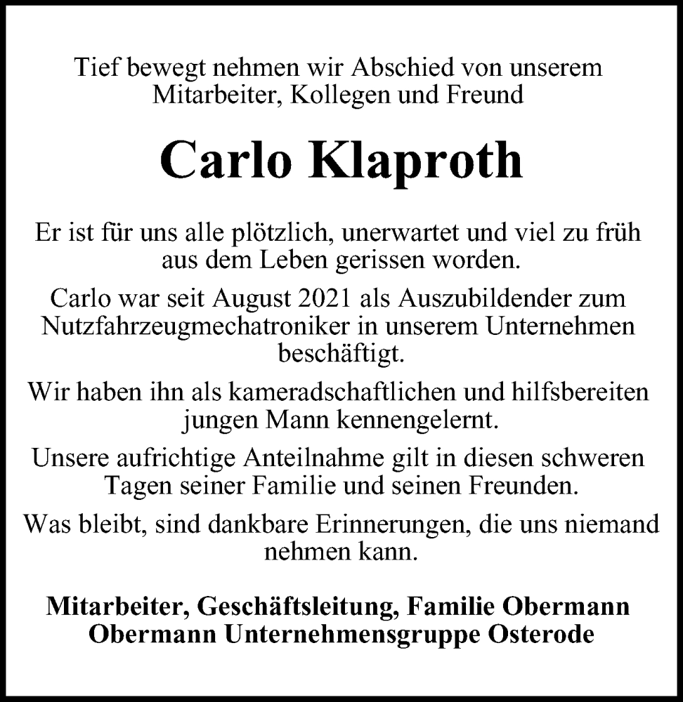  Traueranzeige für Carlo Klaproth vom 23.03.2024 aus Harz Kurier