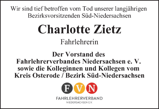 Traueranzeige von Charlotte Zietz von Harz Kurier