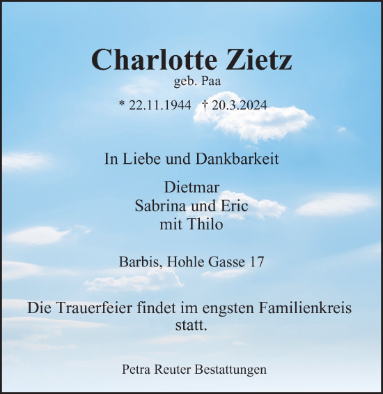 Traueranzeige von Charlotte Zietz von Harz Kurier