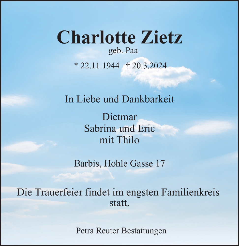  Traueranzeige für Charlotte Zietz vom 30.03.2024 aus Harz Kurier