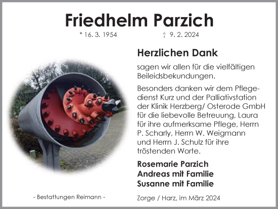 Traueranzeige von Friedhelm Parzich von Harz Kurier