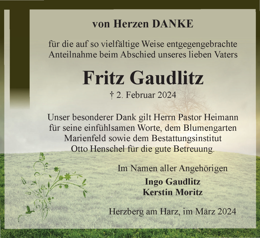  Traueranzeige für Fritz Gaudlitz vom 09.03.2024 aus Harz Kurier