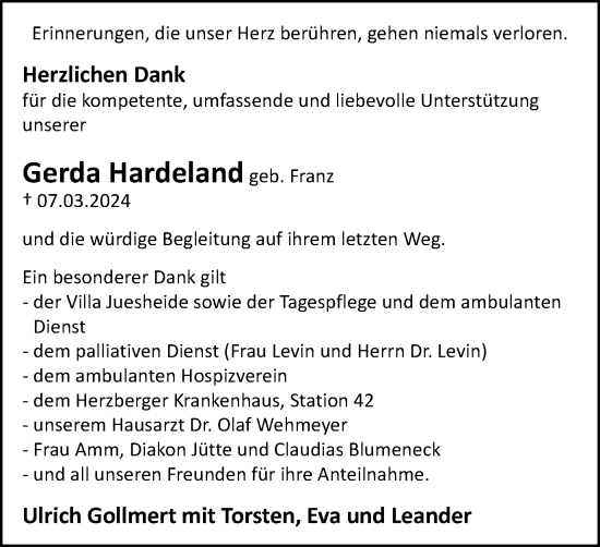 Traueranzeige von Gerda Hardeland von Harz Kurier