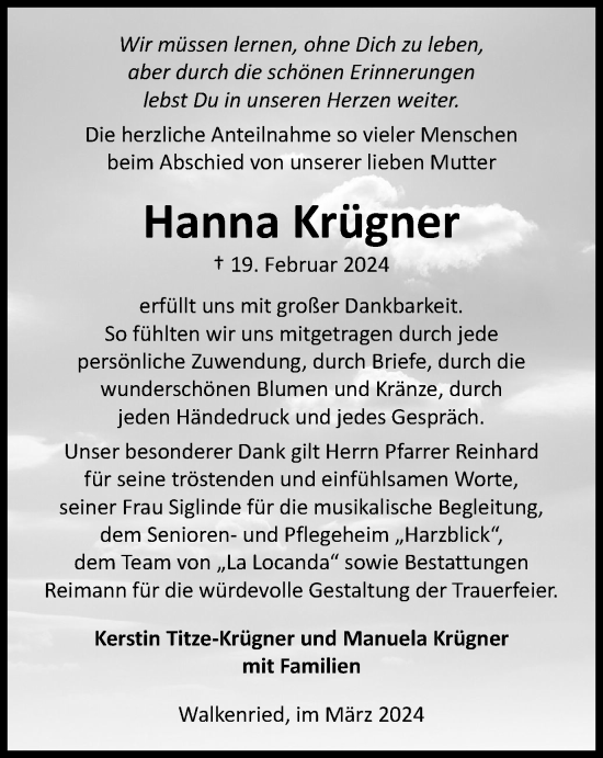 Traueranzeige von Hanna Krügner von Harz Kurier