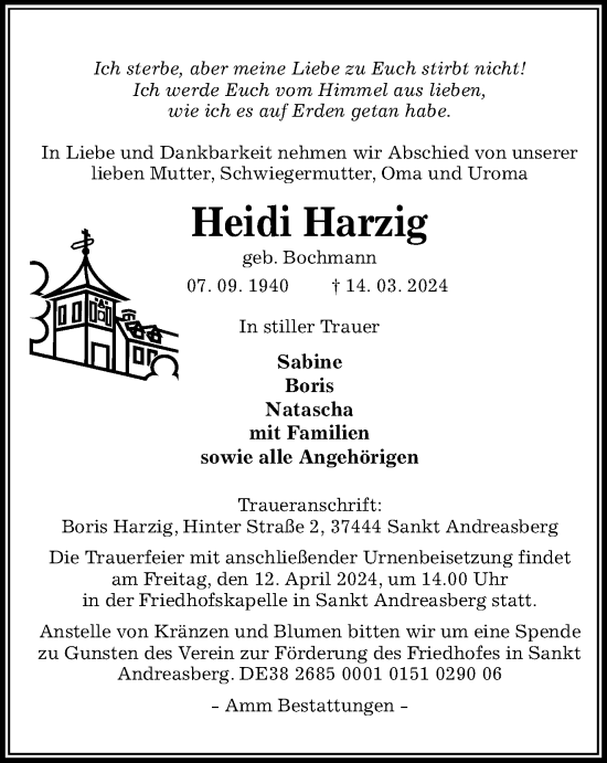 Traueranzeige von Heidi Harzig von Harz Kurier