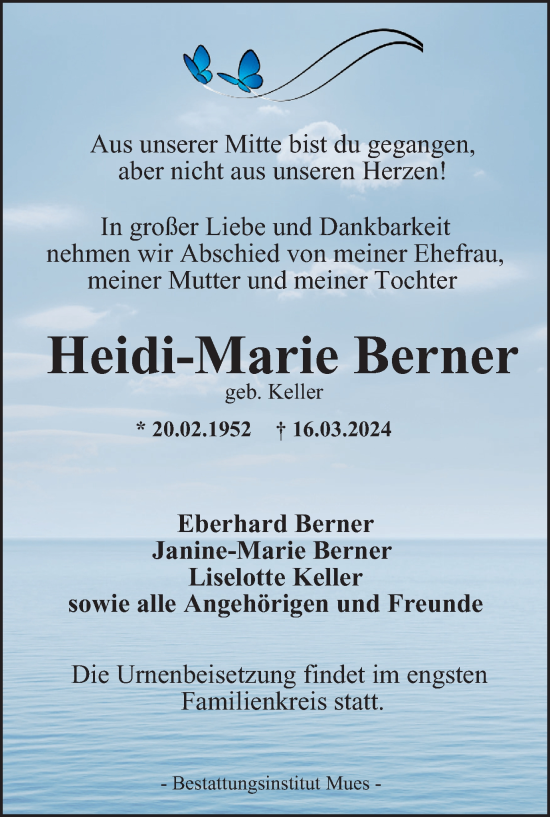 Traueranzeige von Heidi-Marie Berner von Harz Kurier