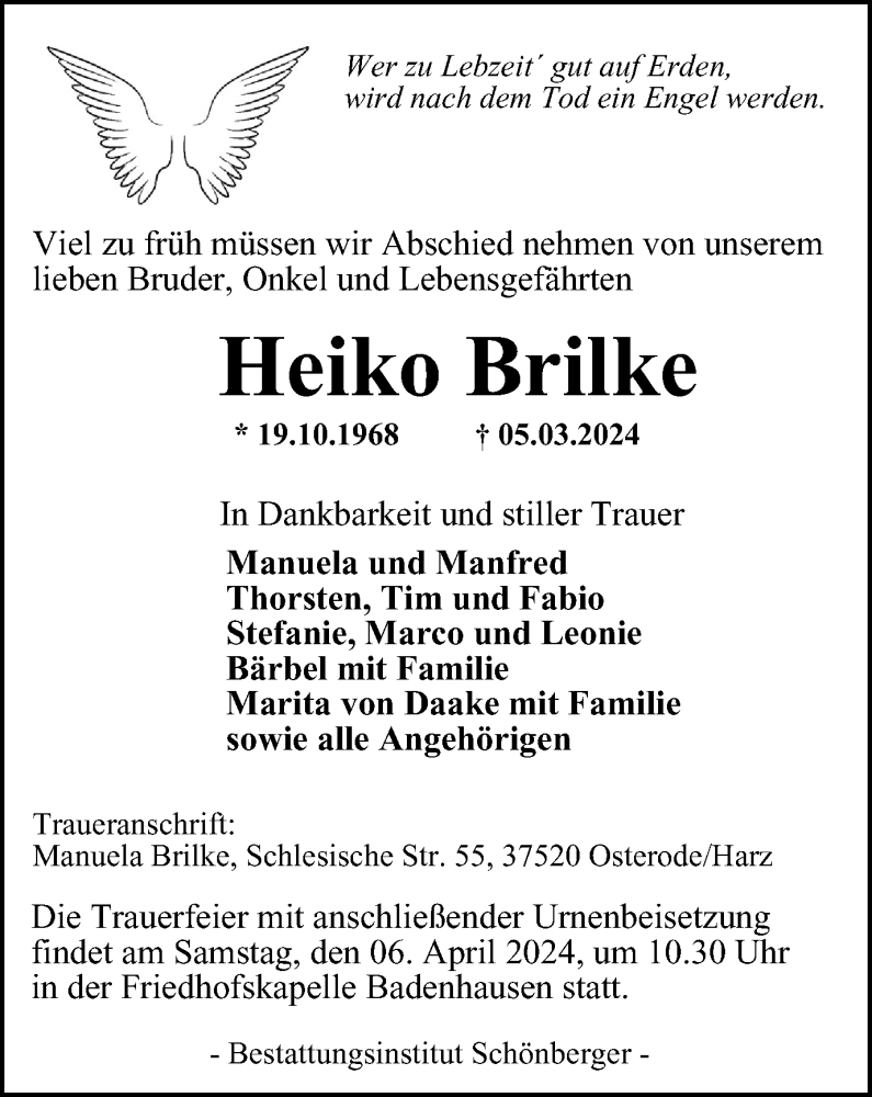  Traueranzeige für Heiko Brilke vom 23.03.2024 aus Harz Kurier