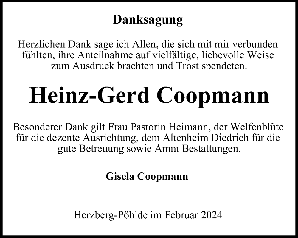  Traueranzeige für Heinz-Gerd Coopmann vom 02.03.2024 aus Harz Kurier