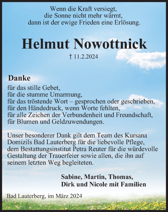 Traueranzeige von Helmut Nowottnick von Harz Kurier