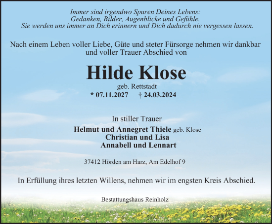 Traueranzeige von Hilde Klose von Harz Kurier